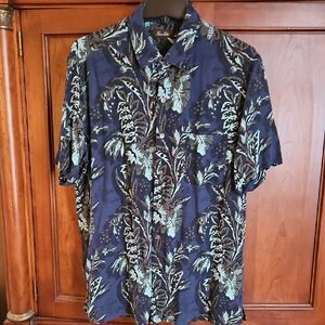 Tasso Elba Blue Tropical Casual Shirt with Leafy Print